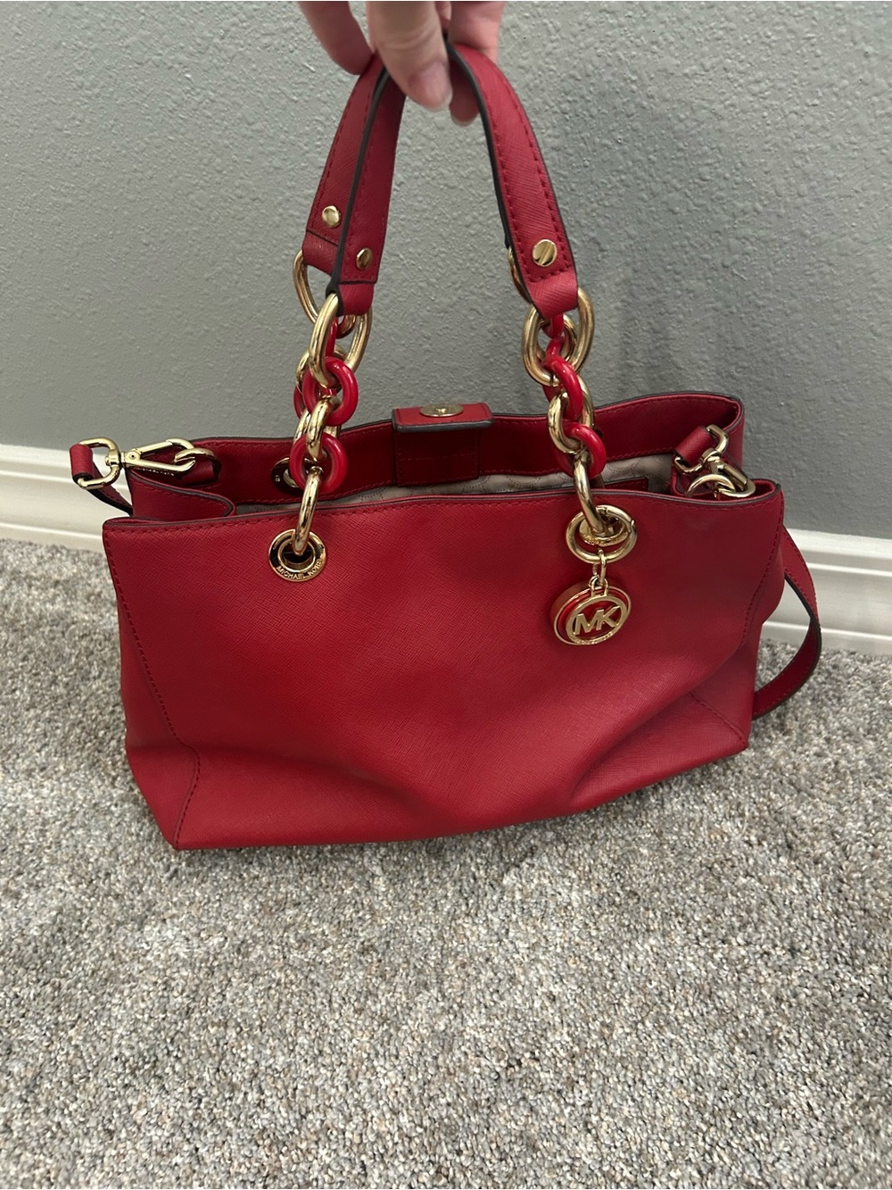 Michael Kors Red Leather Satchel with Gold Chain Handles